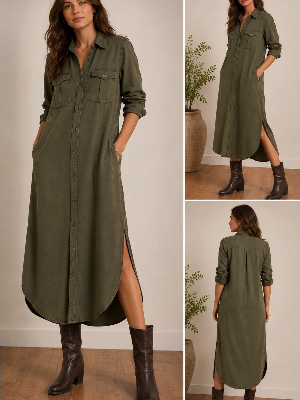 Double RL Ralph Lauren Lyocell Twill Shirt Dress Olive Green Size 1 Maxi Midi